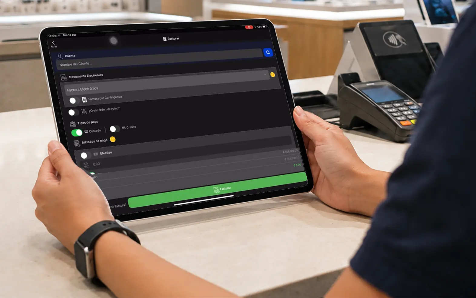 Interfaz tactil de Posmovi para facturacion electronica rapida