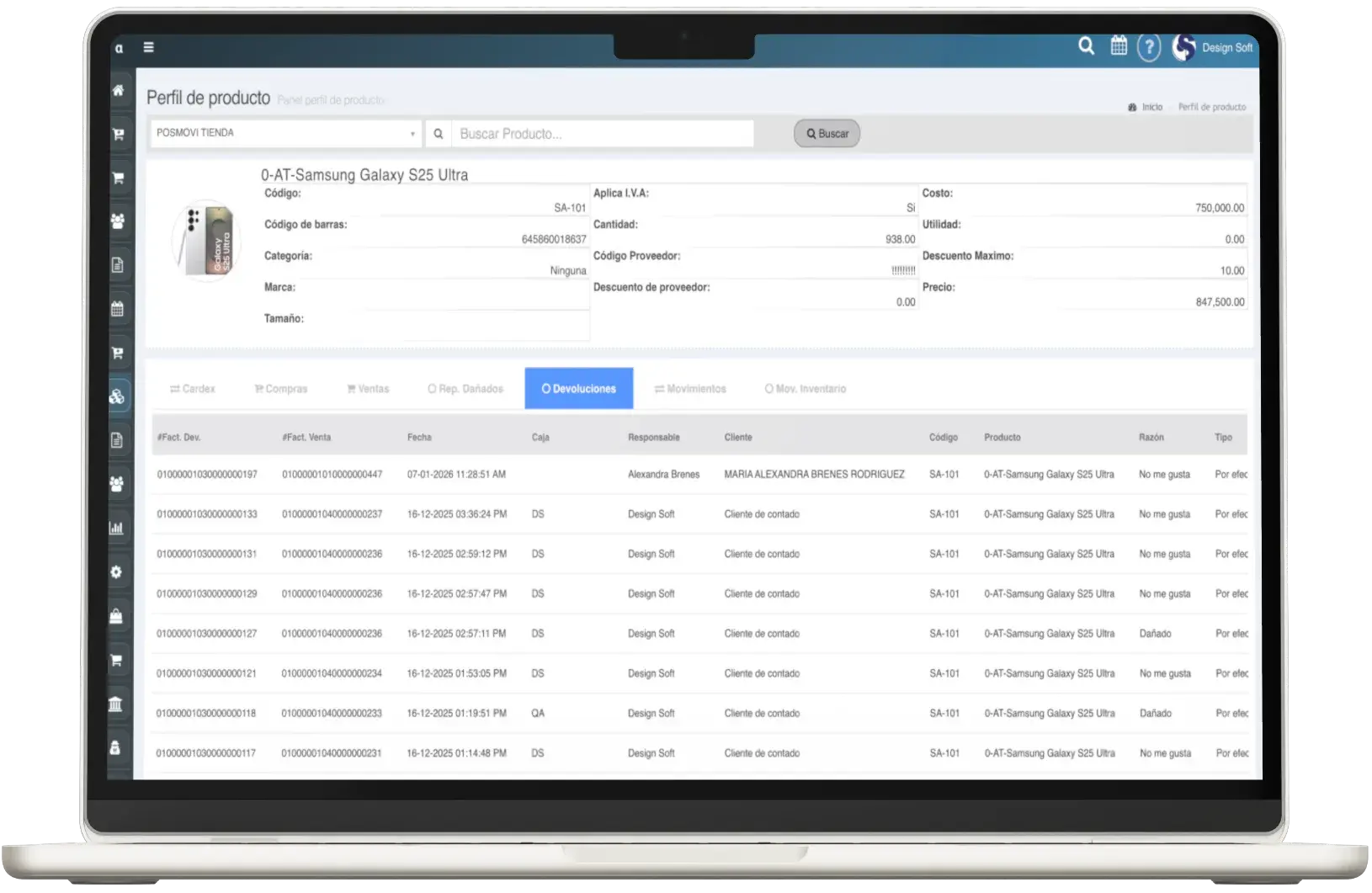 Control de devoluciones en el perfil de producto Posmovi