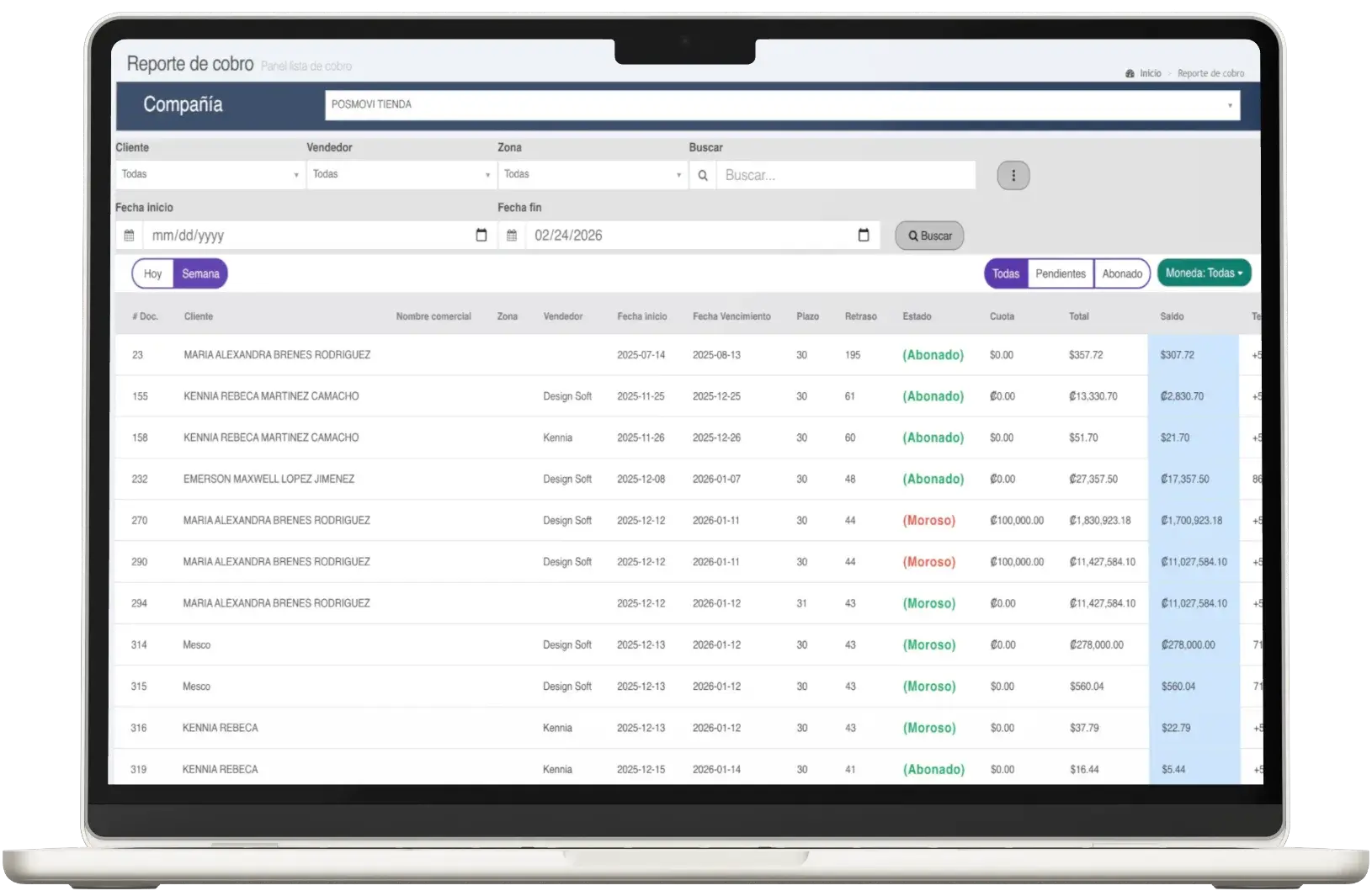 Reporte de cuentas por cobrar en Posmovi
