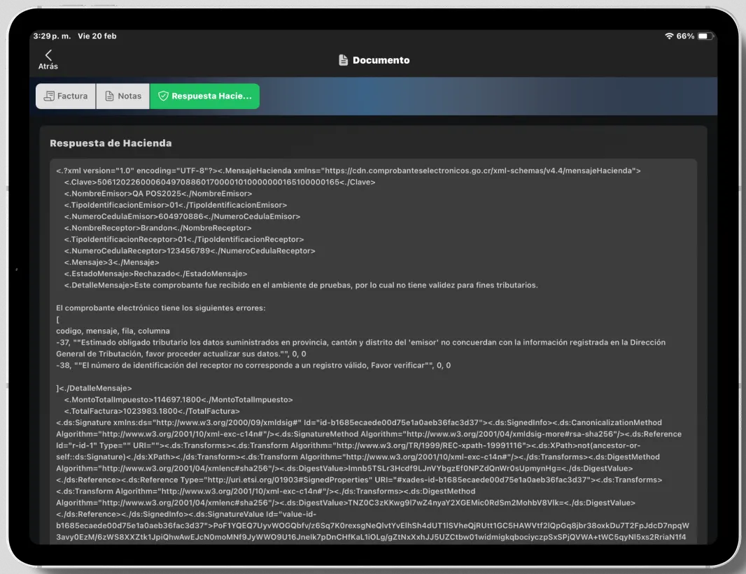 Respuesta XML de Hacienda consultada desde POSMOVI