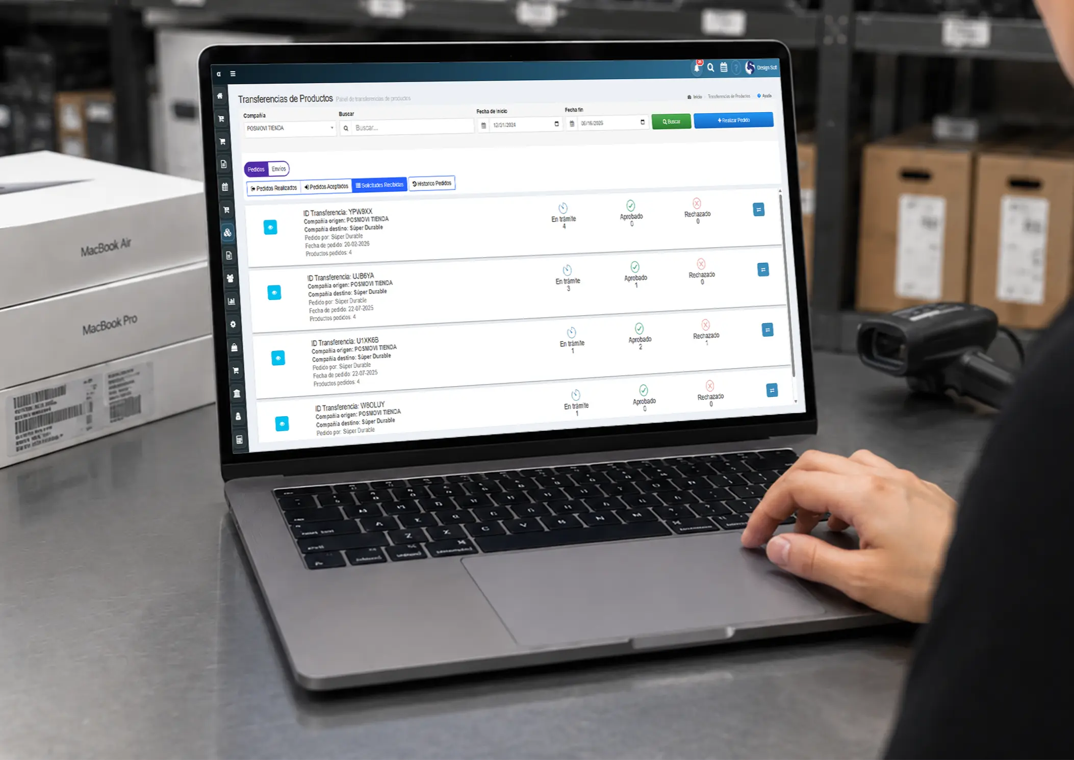 Panel de solicitudes de inventario recibidas de otras tiendas o sucursales